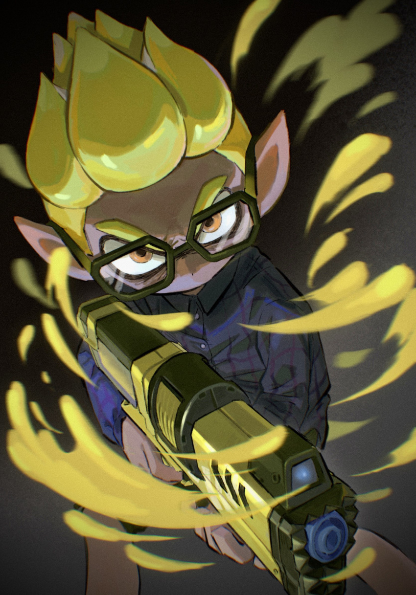 1boy black_shirt blonde_hair buttons collared_shirt fighting_stance firing furrowed_brow grey_background gun highres holding holding_gun holding_weapon humanlynn ink inkling inkling_boy long_sleeves male_focus orange_eyes plaid plaid_shirt pointy_ears shirt solo spiky_hair splatoon_(series) tentacle_hair weapon