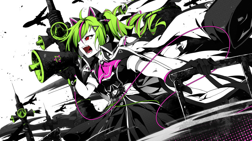 1girl absurdres ahoge animal_ear_headphones animal_ears ascot black_gloves black_skirt cat_ear_headphones cat_ears commentary_request curry_bowl delutaya fake_animal_ears fangs gloves green_hair hair_ornament hairclip hand_on_railing headphones highres holding holding_megaphone indie_virtual_youtuber jacket jacket_on_shoulders koi_wa_sensou_(vocaloid) limited_palette megaphone multicolored_hair open_mouth pink_ascot pink_hair red_eyes shouting skirt skirt_set solo streaked_hair triangle_hair_ornament virtual_youtuber