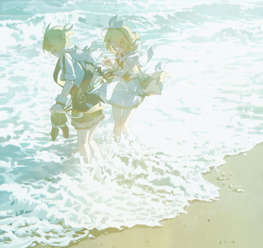 1boy 1girl absurdres bare_legs beach blonde_hair bow closed_eyes commentary dress hair_bow hairband highres holding holding_shoes kagamine_len kagamine_rin konya_karasue open_mouth partially_submerged ponytail shirt shoes short_hair short_sleeves siblings standing vocaloid water white_dress white_shirt wrist_cuffs