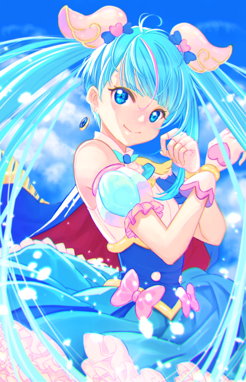 1girl blue_cape blue_dress blue_eyes blue_hair blue_sky brooch cape closed_mouth clouds cloudy_sky commentary cowboy_shot cure_sky cut_bangs day detached_sleeves dress earrings fingerless_gloves frilled_dress frills fringe_trim gloves highres hirogaru_sky!_precure jewelry jj_(ssspulse) light_particles long_hair looking_at_viewer magical_girl multicolored_hair outdoors pink_hair precure puffy_detached_sleeves puffy_sleeves red_cape short_dress single_sidelock sky sleeveless sleeveless_dress smile solo sora_harewataru standing streaked_hair twintails two-sided_cape two-sided_fabric two-tone_hair very_long_hair white_gloves wind wing_brooch wing_hair_ornament