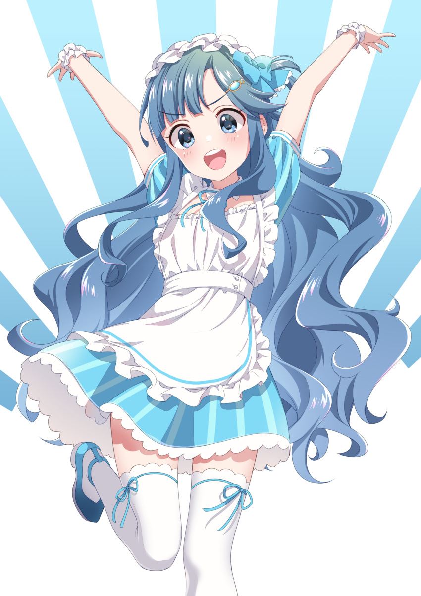 1girl apron arms_up asari_nanami blue_dress blue_eyes blue_footwear blue_hair blue_ribbon blush bow breasts collar cowboy_shot detached_collar dot_nose dress fish_hair_ornament frilled_apron frilled_dress frilled_ribbon frills hair_bow hair_ornament hair_ribbon hair_rings highres idolmaster idolmaster_cinderella_girls idolmaster_cinderella_girls_starlight_stage leg_ribbon leg_up long_hair looking_at_viewer neck_ribbon open_hands open_mouth ribbon scrunchie shoes short_sleeves small_breasts smile solo standing standing_on_one_leg striped striped_dress teeth thigh-highs thigh_ribbon tottoto_tomekichi two-tone_background upper_teeth_only v-shaped_eyebrows very_long_hair waist_bow white_apron white_bow white_collar white_headdress white_scrunchie white_thighhighs wrist_scrunchie