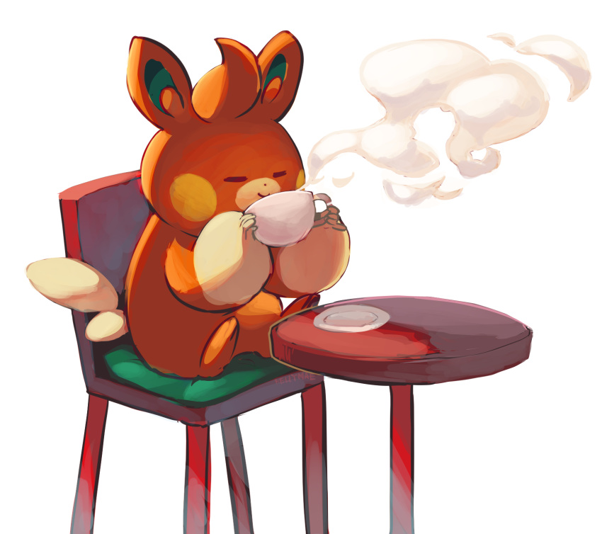 chair closed_eyes closed_mouth commentary_request cup hands_up highres holding holding_cup kellymae no_humans on_chair pawmi plate pokemon pokemon_(creature) saucer simple_background sitting smile solo steam table teacup white_background