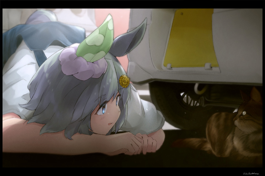 1girl animal_ears balladeluce blue_eyes car cat commentary_request ear_covers grey_hair highres horse_ears horse_girl horse_tail letterboxed motor_vehicle official_alternate_costume on_ground outdoors overalls parted_lips seiun_sky_(umamusume) shirt short_hair short_sleeves single_ear_cover solo tail top-down_bottom-up twitter_username umamusume wheel white_shirt