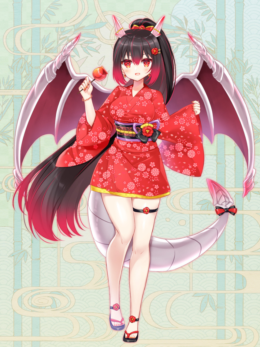 1girl :d black_footwear black_hair bow breasts candy_apple copyright_request dragon_girl dragon_horns dragon_tail floral_print flower food full_body gradient_hair hair_bow hair_flower hair_ornament highres holding holding_food horns japanese_clothes kimono long_hair long_sleeves medium_breasts multicolored_hair nail_polish obi official_art pinching_sleeves ponytail print_kimono red_bow red_eyes red_flower red_kimono red_nails red_wings redhead sash shikito sleeves_past_wrists smile solo standing standing_on_one_leg tail very_long_hair wide_sleeves wings zouri