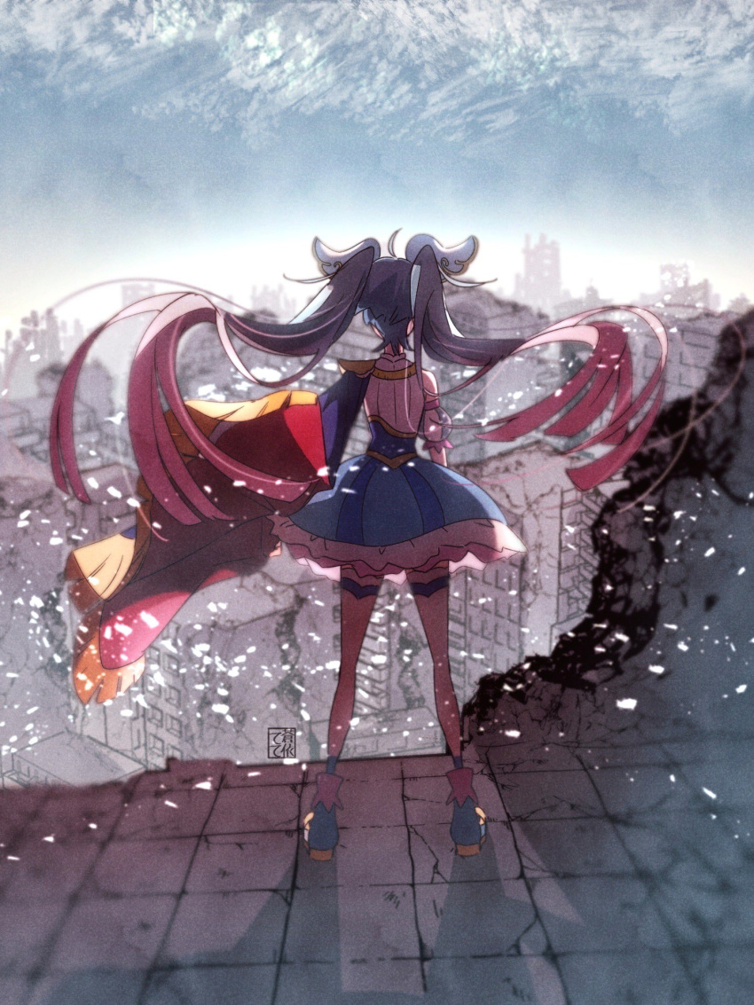 1girl ahoge alternate_universe ankle_boots apocalypse artist_name blue_cape blue_dress blue_footwear blue_hair blue_sky boots cape clouds cloudy_sky commentary cure_sky day detached_sleeves dress facing_away frilled_dress frills fringe_trim from_behind gradient_hair highres hirogaru_sky!_precure light_particles long_hair magical_girl multicolored_hair outdoors pink_hair precure puffy_detached_sleeves puffy_sleeves red_cape ruins shadow short_dress signature sky sleeveless sleeveless_dress solo sora_harewataru standing tete_a thigh-highs twintails two-sided_cape two-sided_fabric two-tone_hair very_long_hair white_thighhighs wind wing_hair_ornament