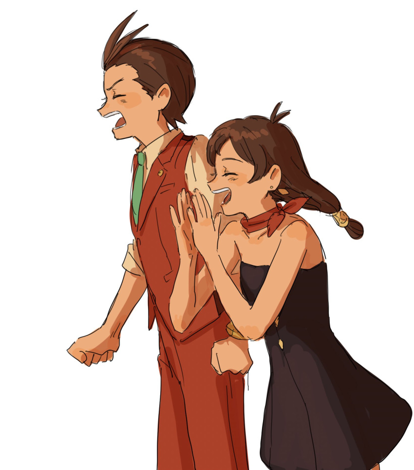 1boy 1girl ace_attorney antenna_hair apollo_justice aqua_necktie bare_shoulders black_dress blush bracelet brother_and_sister brown_hair closed_eyes collared_shirt diamond_earrings dress earrings forked_eyebrows from_side hands_up highres jewelry long_hair low-tied_long_hair necktie open_mouth pants profile red_pants red_scarf red_vest renshu_usodayo scarf screaming shirt short_hair siblings simple_background sleeveless sleeveless_dress sleeves_rolled_up smile standing strapless strapless_dress trucy_wright vest white_background white_shirt