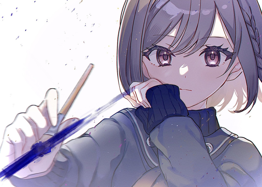 1girl bob_cut braid brown_eyes brown_hair closed_mouth commentary_request highres holding holding_paintbrush long_sleeves looking_at_viewer paintbrush project_sekai shinonome_ena short_hair single_braid sleeves_past_wrists solo upper_body uw1 white_background
