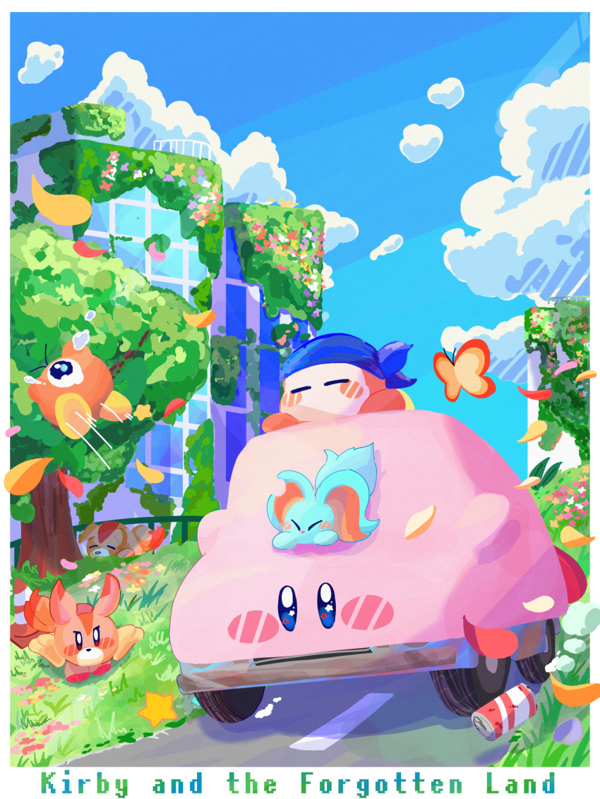 awoofy bandana bandana_waddle_dee blue_bandana blue_eyes blue_sky blush blush_stickers border bug building butterfly can car car_mouth closed_eyes clouds commentary_request copyright_name crying day elfilin fence flower grass highres kirby kirby_(series) kirby_and_the_forgotten_land leaf motion_lines motor_vehicle mouthful_mode no_humans omame_sakana one-eyed outdoors overgrown riding road rock shadow sky sleeping star_(symbol) star_in_eye symbol_in_eye tears traffic_cone tree waddle_doo white_border yellow_butterfly