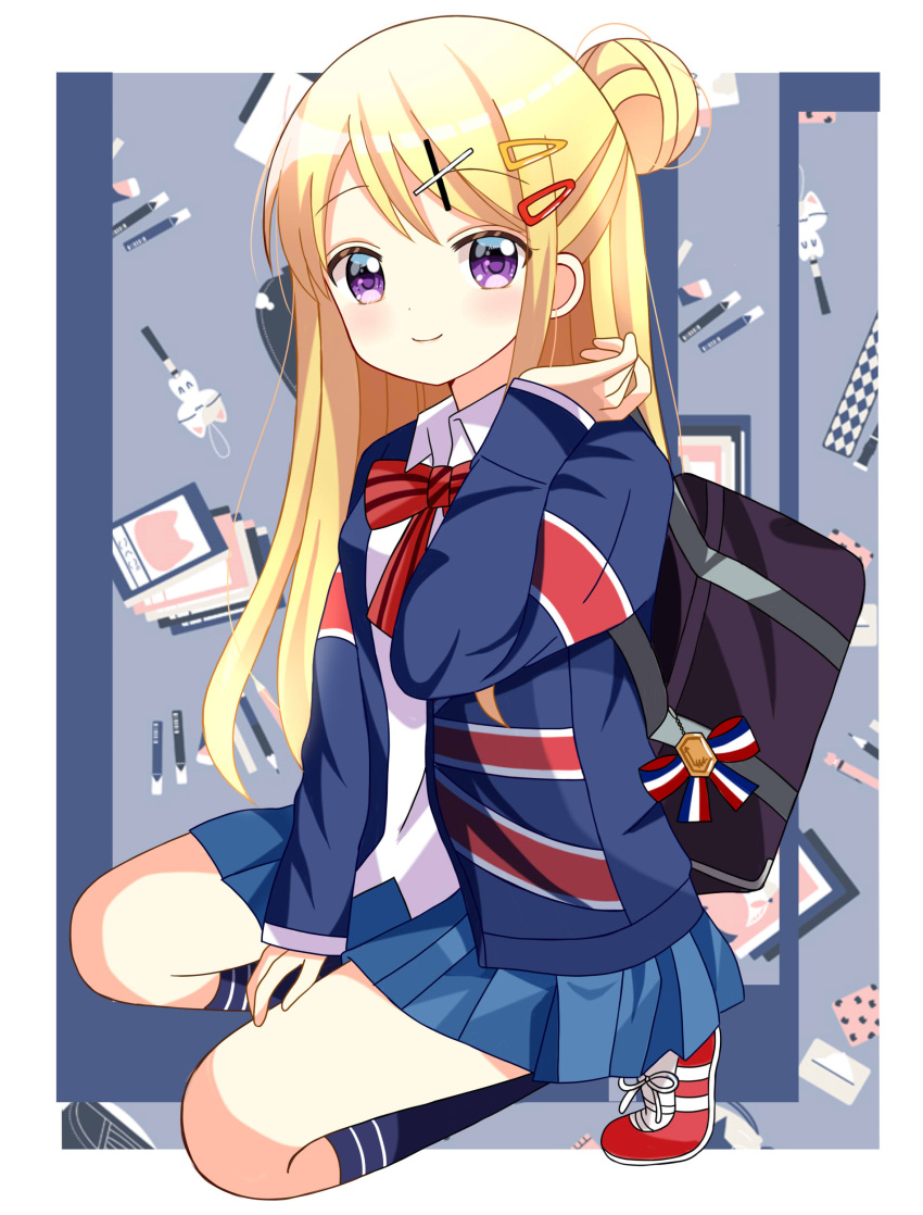 1girl absurdres bag blonde_hair blue_jacket blue_skirt blue_socks bow closed_mouth collared_shirt commentary_request flag_print full_body hair_bun hair_ornament hairclip hand_up highres jacket kin-iro_mosaic kneehighs kujou_karen long_hair long_sleeves looking_at_viewer open_clothes open_jacket pleated_skirt print_jacket red_bow red_footwear ryoutan school_bag shirt shoes skirt sleeves_past_wrists smile socks solo squatting striped striped_bow tiptoes union_jack very_long_hair violet_eyes white_shirt
