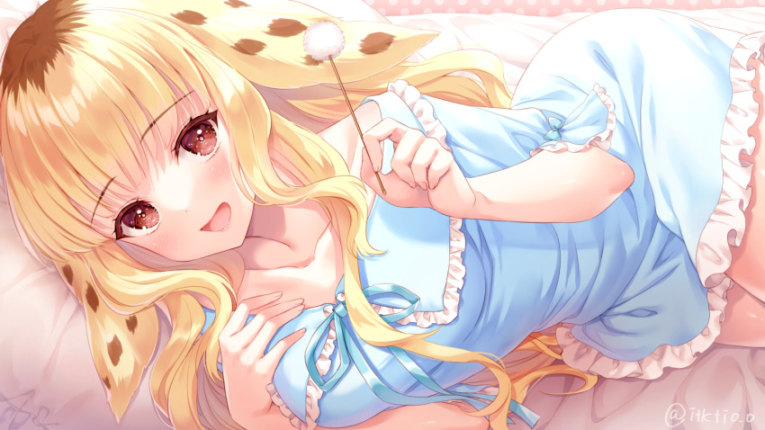 1girl :d animal_ears blonde_hair blue_negligee blunt_bangs blush breasts brown_eyes bubbly_bunnana collarbone commentary_request commission cowboy_shot curvy eyelashes fingernails frilled_negligee frilled_sleeves frills hair_spread_out hand_up head_on_pillow indie_virtual_youtuber indoors itsuki_jun long_hair looking_at_viewer lying medium_breasts mimikaki negligee on_side open_mouth short_sleeves sidelocks skeb_commission smile solo twitter_username virtual_youtuber wavy_hair
