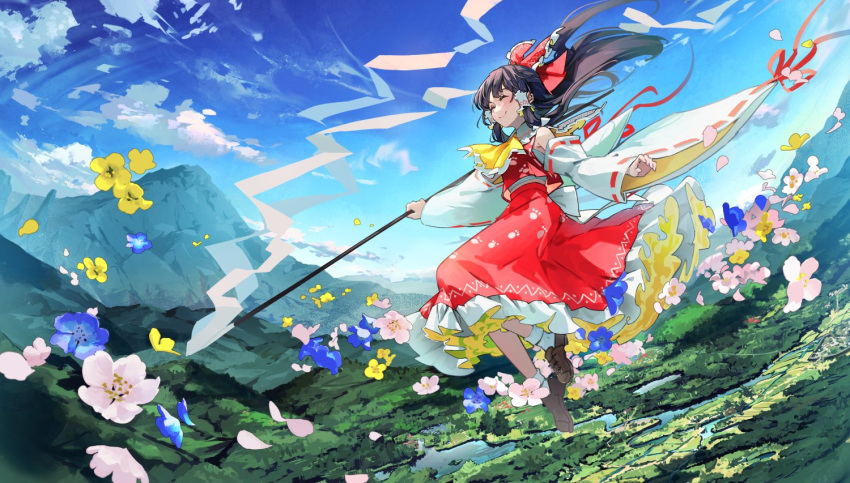 1girl ascot bare_shoulders black_hair blue_flower bow brown_footwear closed_eyes closed_mouth day detached_sleeves flower frilled_skirt frills full_body gohei hair_bow hakurei_reimu holding holding_gohei japanese_clothes long_hair mountain nontraditional_miko outdoors petals pink_flower red_bow red_skirt ribbon-trimmed_sleeves ribbon_trim shoes skirt sky smile socks solo syuri22 touhou white_sleeves white_socks wide_sleeves yellow_ascot yellow_flower