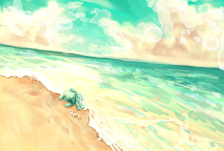 animal_focus aqua_theme beach blue_sky closed_eyes clouds commentary_request day dutch_angle highres horizon lying manaphy no_humans ocean on_stomach outdoors partial_commentary pokemon pokemon_(creature) sand sky solo tensaitou_tou water wet
