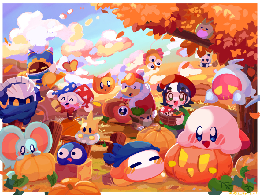 :d :o ^_^ adeleine armor autumn autumn_leaves bandana bandana_waddle_dee basket beret bird black_hair blue_bandana blue_cape blue_eyes blue_headwear blush blush_stickers border bow bowtie broom broom_riding brown_footwear bug butterfly cape cappy_(kirby) claws closed_eyes clouds cloudy_sky commentary_request como_(kirby) elfilin fang fence fur-trimmed_jacket fur_trim gaw_gaw gooey_(kirby) gradient_sky grass green_eyes green_shirt happy hat highres hill holding holding_basket jack-o'-lantern jacket jester_cap keke_(kirby) king_dedede kirby kirby_(series) leaf long_sleeves magolor marx_(kirby) mask meta_knight multicolored_clothes multicolored_headwear omame_sakana one-eyed open_mouth outdoors outside_border parted_bangs pauldrons phanta_(kirby) pitch_(kirby) pom_pom_(clothes) pumpkin red_bow red_bowtie red_headwear red_jacket scarfy shirt shoes short_hair shoulder_armor sky smile star_(symbol) star_block sunset tree waddle_doo white_border white_hair wooden_fence yellow_butterfly zoos_(kirby)