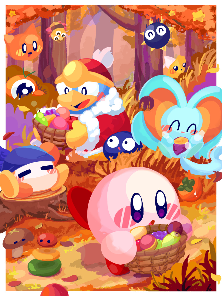 :d :o ^_^ apple autumn autumn_leaves banana bandana bandana_waddle_dee basket blue_bandana blush blush_stickers border bush cairn chip_(kirby) closed_eyes commentary_request como_(kirby) day elfilin food forest fruit fur-trimmed_jacket fur_trim geromazudake gooey_(kirby) gordo grapes grass hat highres holding holding_basket holding_food jacket king_dedede kirby kirby_(series) leaf looking_at_another mushroom nature no_humans omame_sakana one-eyed open_mouth outdoors outside_border pear persimmon red_headwear red_jacket scarfy shadow sitting sitting_on_tree_stump smile spikes sweet_potato tree tree_stump violet_eyes waddle_doo white_border wide-eyed