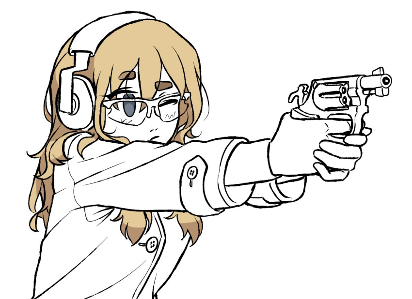 aiming blonde_hair buttons character_request check_character closed_mouth earmuffs grey_eyes gun holding holding_weapon jacket long_hair long_sleeves one_eye_closed original ostwindprojekt partially_colored revolver safety_glasses simple_background thick_eyebrows upper_body weapon white_background