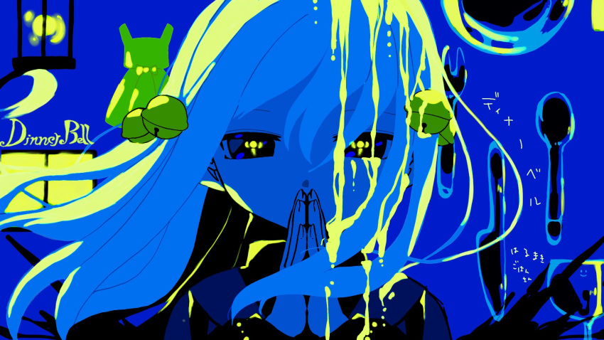 1girl bell blue_background commentary_request covered_mouth cup dinner_bell_(vocaloid) drinking_glass dripping expressionless floating_hair fork glowing glowing_eyes glowing_liquid hair_bell hair_ornament half-closed_eyes hands_up highres jingle_bell knife lantern limited_palette long_sleeves looking_at_viewer own_hands_together palms_together plate portrait praying solo song_name spoon tanakasan_(oc0jy) translation_request turtleneck utensil vocaloid window wine_glass yellow_pupils
