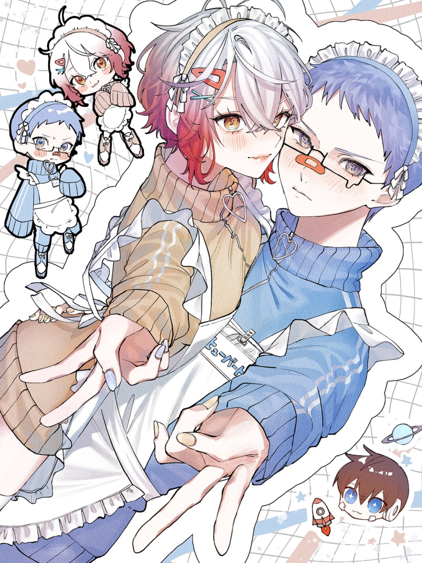 1boy 1girl alternate_costume apron blue_eyes blue_hair blue_nails blue_track_suit blush brown_eyes brown_hair chibi enmaided glasses gradient_hair hair_between_eyes hair_ornament hairclip hatsuki heart heart-shaped_pupils highres hubert_ozwell jacket jersey_maid looking_at_viewer maid maid_apron mecha-asbel multicolored_hair name_tag no_pants pascal_(tales) redhead robot rocket short_hair sleeves_past_fingers sleeves_past_wrists smile sparkling_eyes star_(symbol) symbol-shaped_pupils tales_of_(series) tales_of_graces teardrop-framed_glasses thigh-highs track_jacket track_suit two-tone_hair unconventional_maid v white_hair yellow_jacket yellow_nails zettai_ryouiki