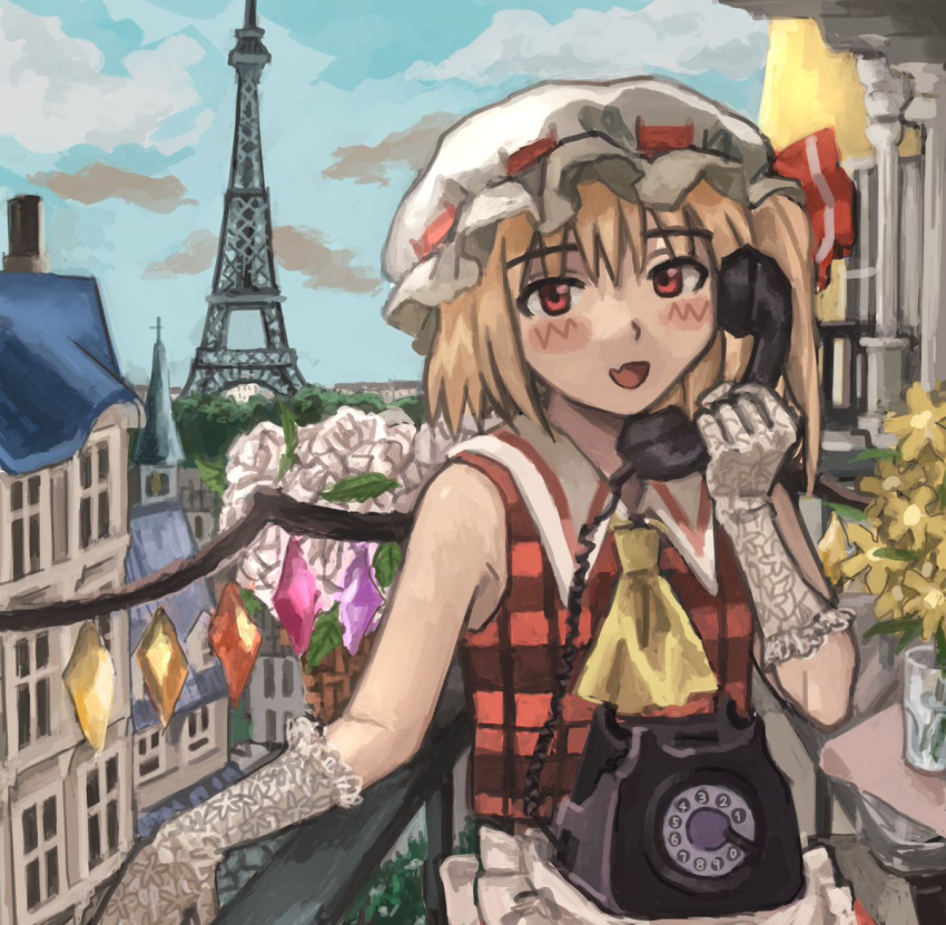 1girl antique_phone ascot blonde_hair blue_sky blush building clouds cloudy_sky column commentary_request crystal cup day drinking_glass eiffel_tower elbow_gloves fang flandre_scarlet flower glass gloves hat hat_ribbon holding house looking_at_viewer mob_cap one_side_up open_mouth outdoors paris phone pillar plaid plaid_shirt plaid_vest plant red_eyes red_shirt ribbon rotary_phone scenery shirt short_hair side_ponytail skin_fang sky sleeveless smile solo touhou tree vest white_headwear window wings yellow_ascot yuyukosama17