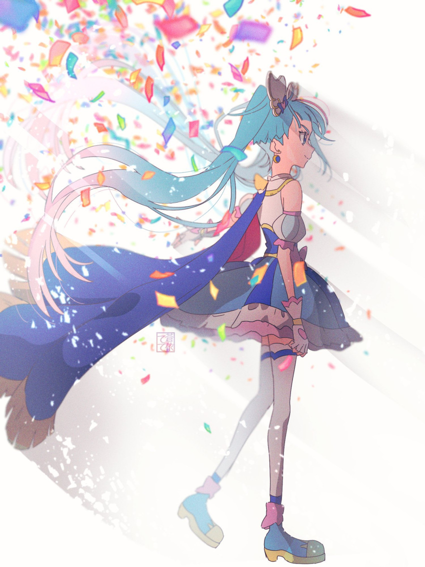 1girl ankle_boots artist_name backlighting blue_cape blue_dress blue_eyes blue_footwear blue_hair boots cape closed_mouth commentary confetti cure_sky cut_bangs detached_sleeves dress earrings fingerless_gloves frilled_dress frills fringe_trim from_side gloves gradient_hair highres hirogaru_sky!_precure jewelry long_hair looking_to_the_side magical_girl multicolored_hair pink_hair precure puffy_detached_sleeves puffy_sleeves red_cape short_dress signature sleeveless sleeveless_dress smile solo sora_harewataru tete_a thigh-highs twintails two-sided_fabric very_long_hair walking white_gloves white_thighhighs wind wing_hair_ornament