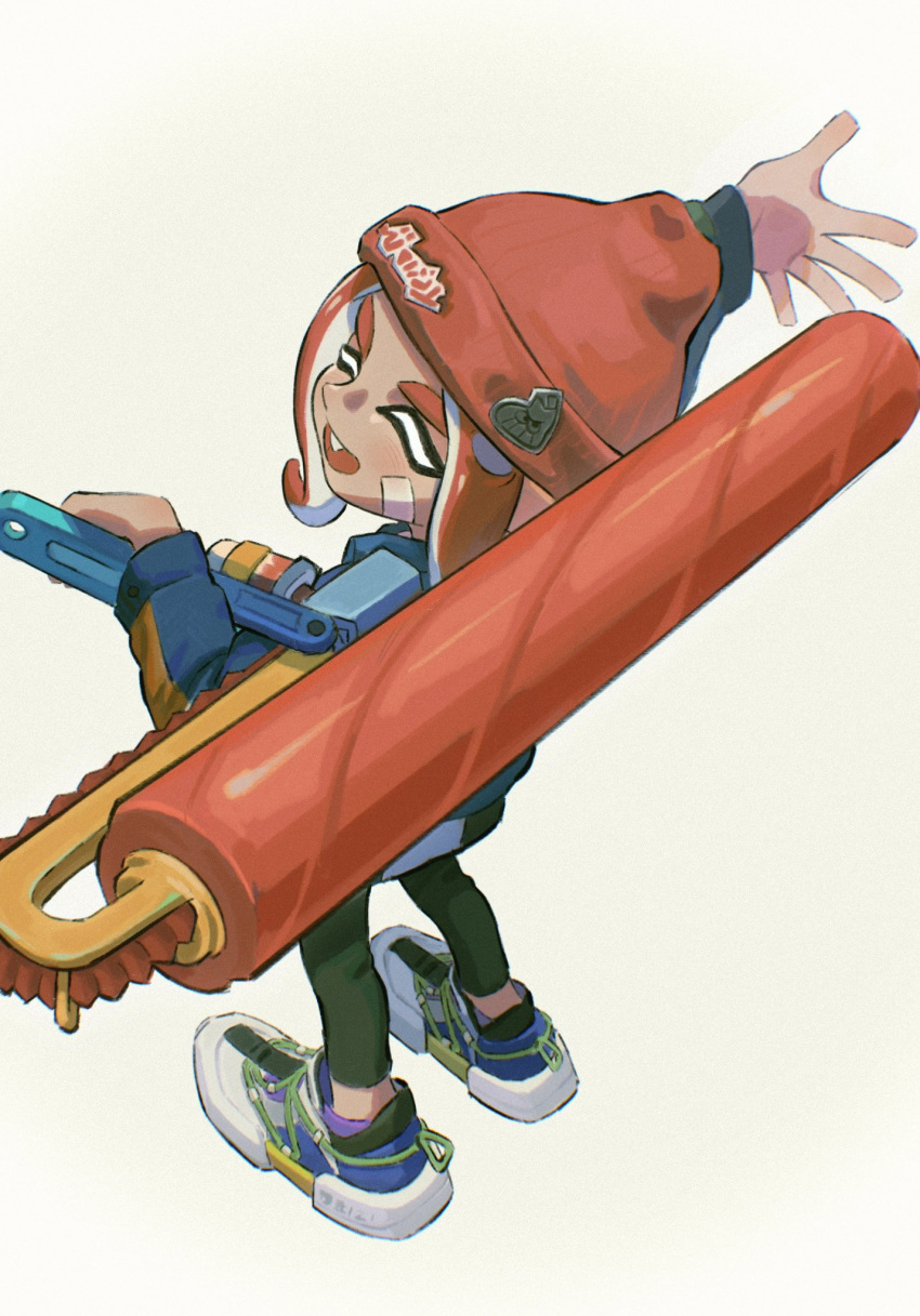 1girl bandage_on_face bandages beanie black_pants blue_footwear blue_jacket closed_eyes fang happy hat highres holding holding_weapon humanlynn inkling_(language) jacket looking_back octoling octoling_girl open_mouth outstretched_arm over_shoulder pants red_headwear short_hair simple_background solo splatoon_(series) splatoon_3 tentacle_hair thick_eyebrows weapon weapon_over_shoulder white_background