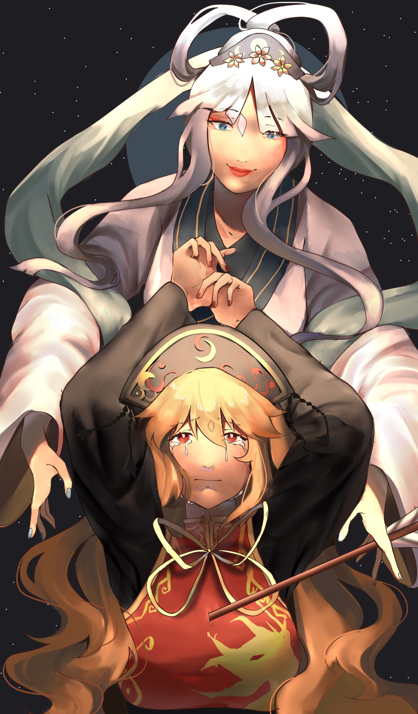 2girls absurdres arms_up arrow_(projectile) blonde_hair blue_eyes chang'e chinese_clothes closed_mouth crying crying_with_eyes_open english_commentary facing_viewer hanfu highres junko_(touhou) lips long_hair long_sleeves looking_at_another multiple_girls nail_polish night night_sky outdoors pandelia phoenix_crown pom_pom_(clothes) red_eyes red_nails shirt sky smile star_(sky) starry_sky tears touhou very_long_hair wavy_hair white_hair white_shirt