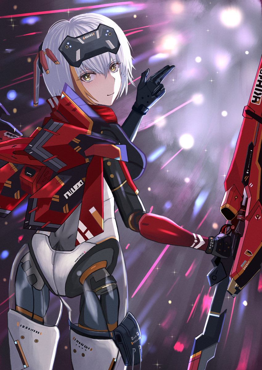 1girl absurdres breasts closed_mouth cyborg forehead_protector grey_hair headgear highres holding holding_weapon looking_at_viewer mechanical_parts mechanical_wings medium_breasts medium_hair official_alternate_costume punishing:_gray_raven rosetta_(punishing:_gray_raven) solo weapon wings yellow_eyes yuzexit565