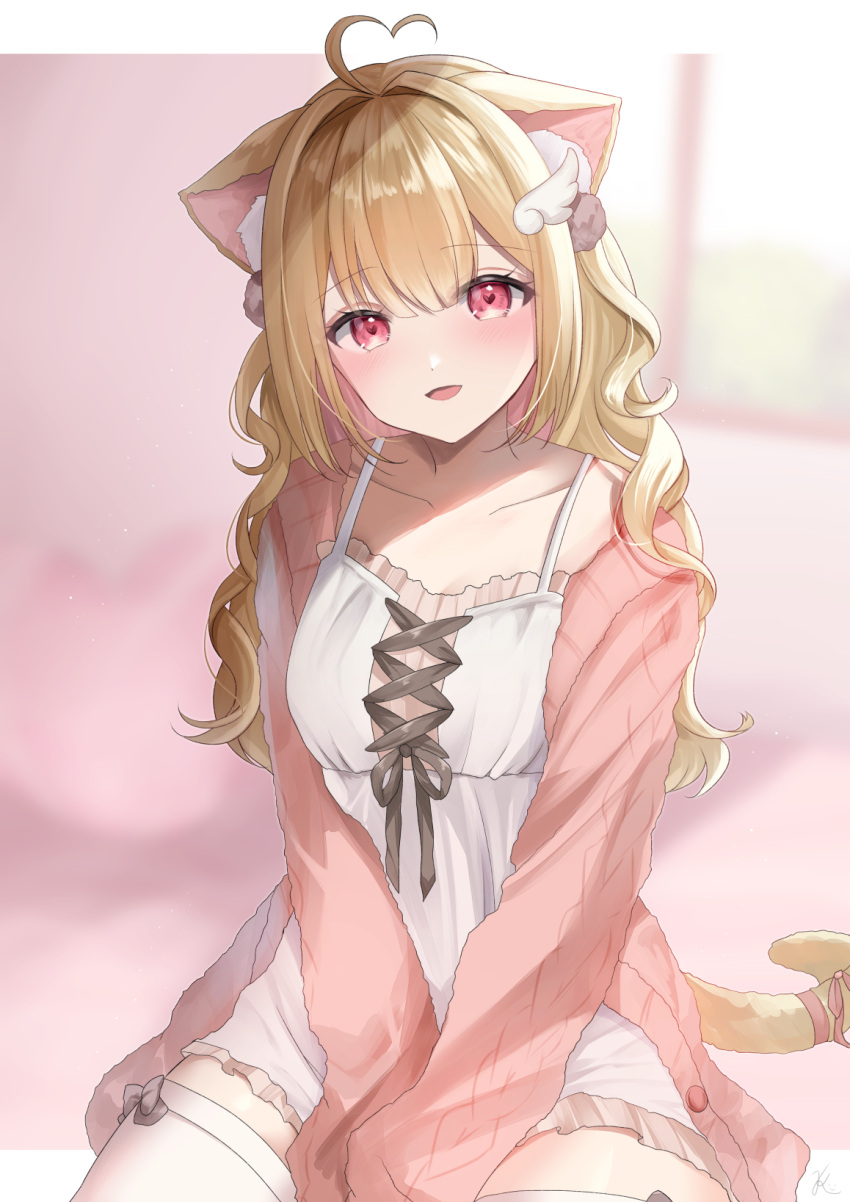 1girl animal_ears blonde_hair breasts cardigan cat_ears cat_girl cat_tail chemise commission frilled_chemise highres kemomimi_refle! kurage_cc long_hair long_sleeves looking_at_viewer medium_breasts nekoma_karin open_cardigan open_clothes pink_cardigan red_eyes skeb_commission tail thigh-highs virtual_youtuber white_chemise white_thighhighs