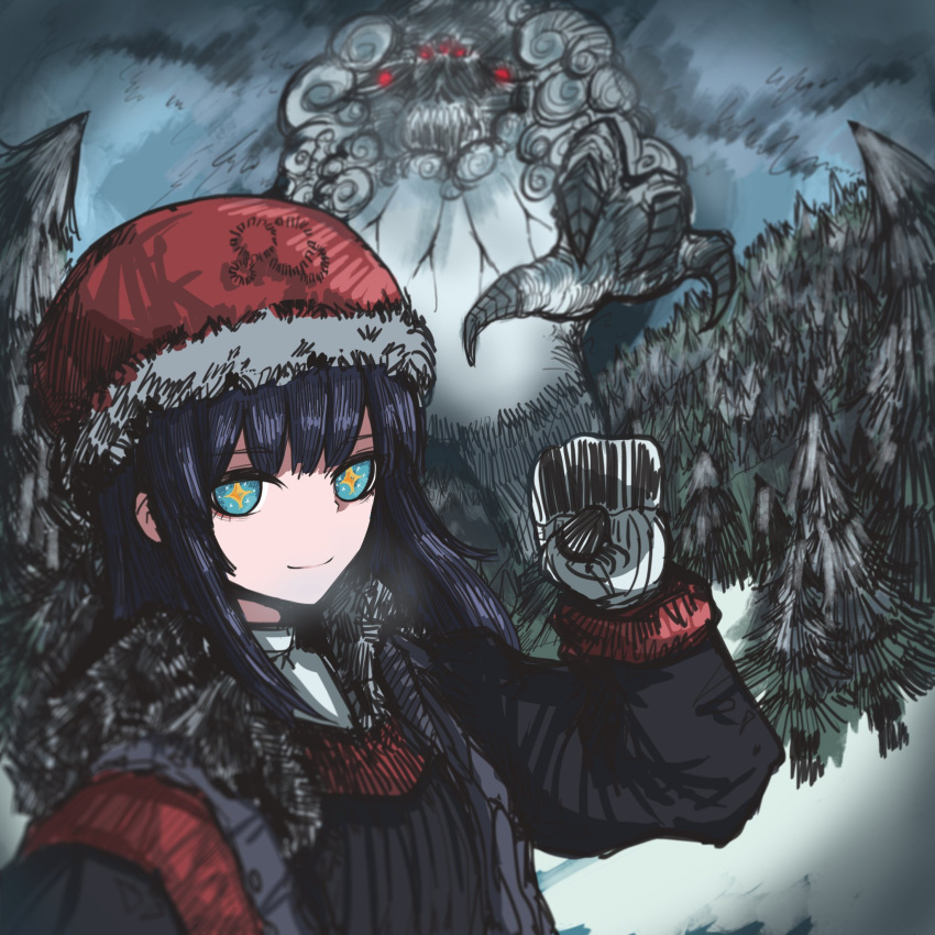 1:1_aspect_ratio 1girl 2020s 2023 4_fingers alternate_costume bangs black_clothes black_clothing black_eyebrows black_eyelashes black_souls blue_eyes blue_hair blunt_bangs christmas christmas_tree claws closed_mouth clothes clothing cloud clouds cloudy cloudy_sky colored_sclera cunshaxiaomi1 extra_eyes eyebrows eyelashes facing_to_the_side female female_focus forest full_color fur-trimmed_hat fur-trimmed_headwear fur_trim high_resolution long_blue_hair long_hair looking_at_viewer mabel_(black_souls) mittens monster nature night night_sky no_pupils open_eyes pale-skinned_female pale_skin reaching_out reaching_towards_viewer red_eyes red_hat red_headwear red_sclera sidelocks sky smile smiling_at_viewer snow star star-shaped_pupils star_(symbol) symbol-shaped_pupils tree upper_body white_fur white_mittens yellow_pupils