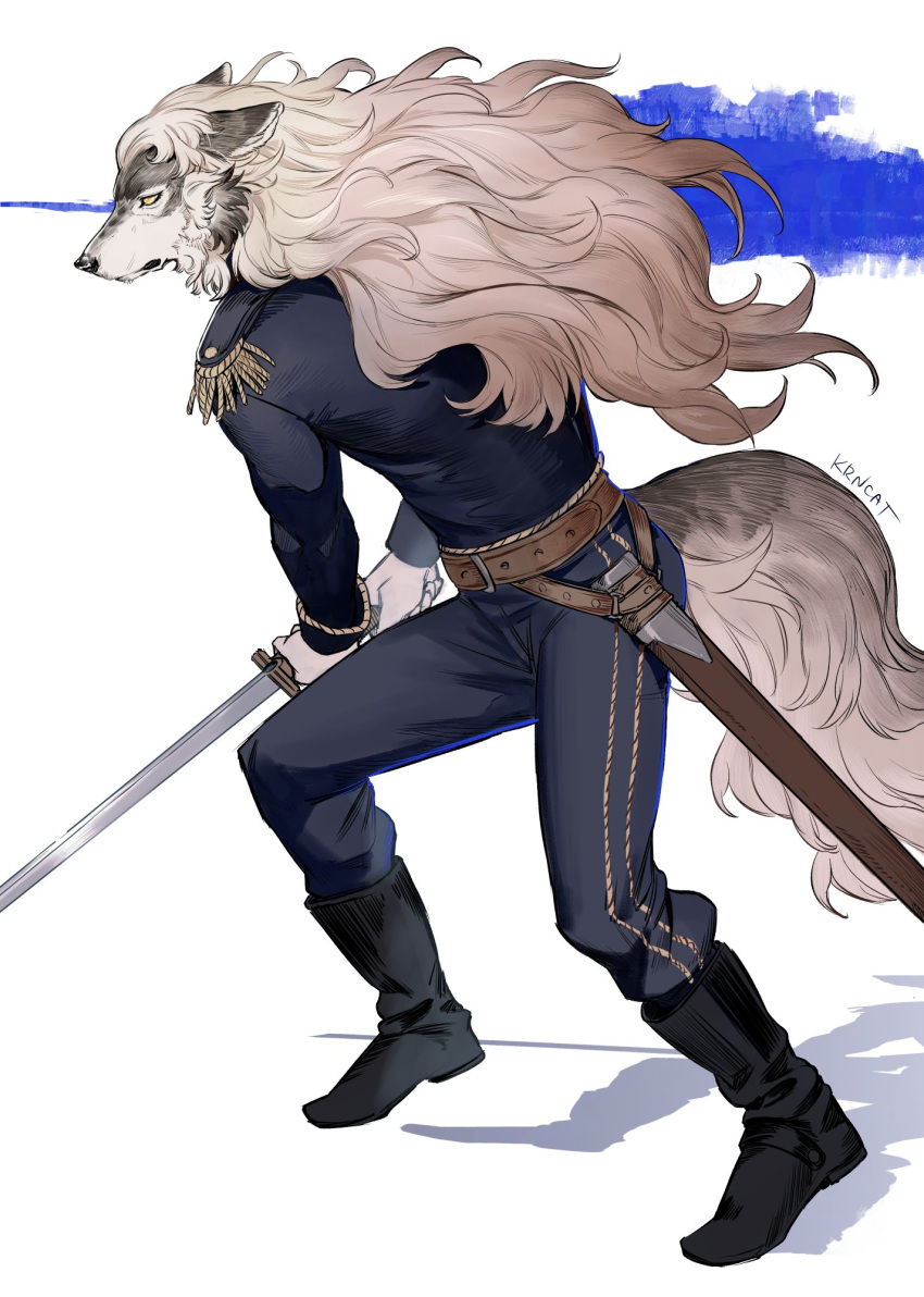 1boy aiguillette ankle_boots artist_name belt black_footwear blonde_hair blue_jacket blue_pants boots bright_pupils epaulettes fighting_stance from_side full_body furry furry_male highres holding holding_sword holding_weapon jacket karana_cat legs_apart long_hair long_sleeves looking_ahead male_focus original pants serious shadow signature simple_background solo standing sword tail two-handed wavy_hair weapon white_background white_pupils wolf_boy yellow_eyes