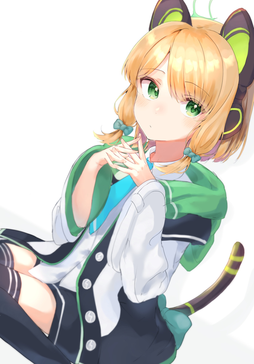 1girl animal_ear_headphones animal_ears black_skirt black_thighhighs blonde_hair blue_archive blue_necktie blush cat_tail closed_mouth collared_shirt fake_animal_ears green_eyes green_halo halo headphones highres jacket long_sleeves looking_at_viewer midori_(blue_archive) necktie noko_(nco029685627) shirt short_hair simple_background skirt solo tail thigh-highs two-sided_fabric two-sided_jacket white_background white_jacket white_shirt