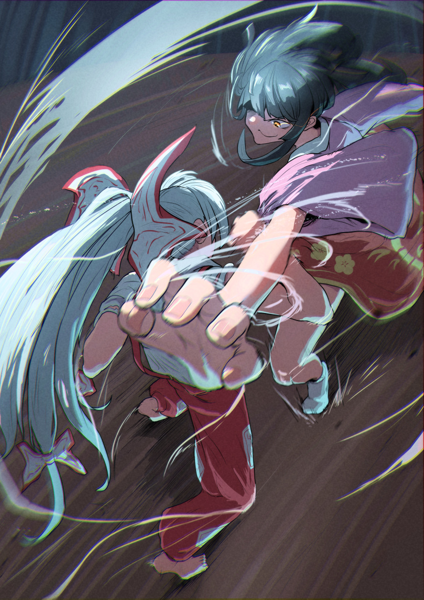2girls absurdres barefoot black_hair blunt_bangs bow brown_eyes closed_mouth commentary_request fighting fingernails floral_print_skirt fujiwara_no_mokou full_body hair_bow highres hime_cut houraisan_kaguya long_hair looking_at_another multiple_girls ofuda ofuda_on_clothes pants pink_shirt red_pants red_skirt shirt skirt socks sotatsudraw suspenders touhou very_long_hair white_bow white_hair white_shirt white_socks wide_sleeves