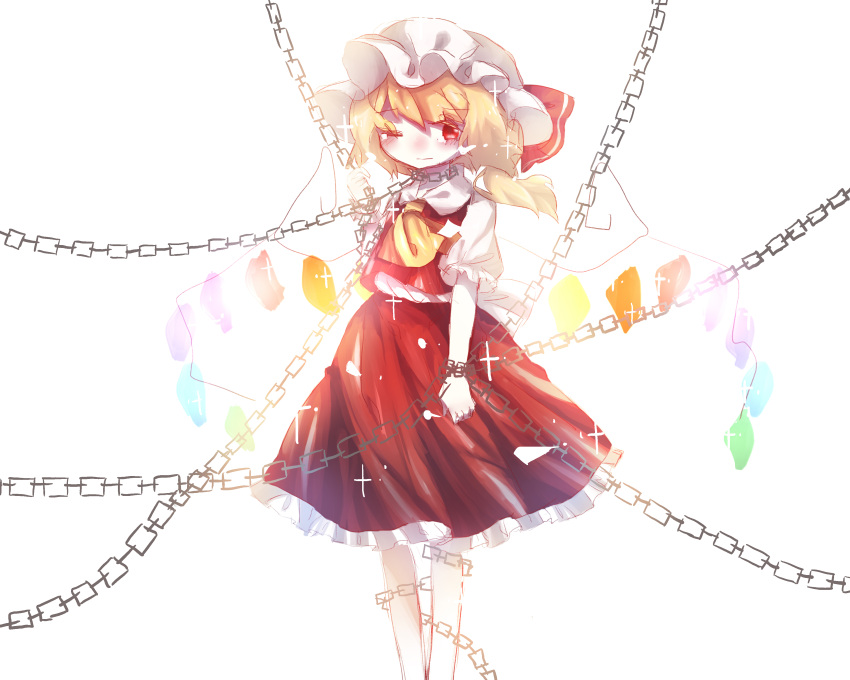 1girl absurdres ascot backlighting chain chained chained_legs chained_wrists closed_mouth collared_shirt feet_out_of_frame flandre_scarlet frilled_skirt frilled_sleeves frills guozimiao hat highres mob_cap multicolored_wings one_eye_closed puffy_short_sleeves puffy_sleeves red_eyes red_skirt red_vest shirt short_sleeves simple_background skirt skirt_set solo touhou vest white_background white_headwear white_shirt wings yellow_ascot
