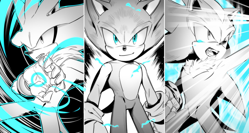 3boys animal_ears animal_nose arm_up blue_eyes body_fur bracelet clenched_hand closed_mouth electricity fang fangs furry furry_male gloves hand_up hedgehog hedgehog_ears hedgehog_tail highres jewelry looking_at_viewer magic male_focus multiple_boys open_mouth partially_colored roger_525 shadow_the_hedgehog silver_the_hedgehog smile sonic_(series) sonic_the_hedgehog standing tail teeth tongue