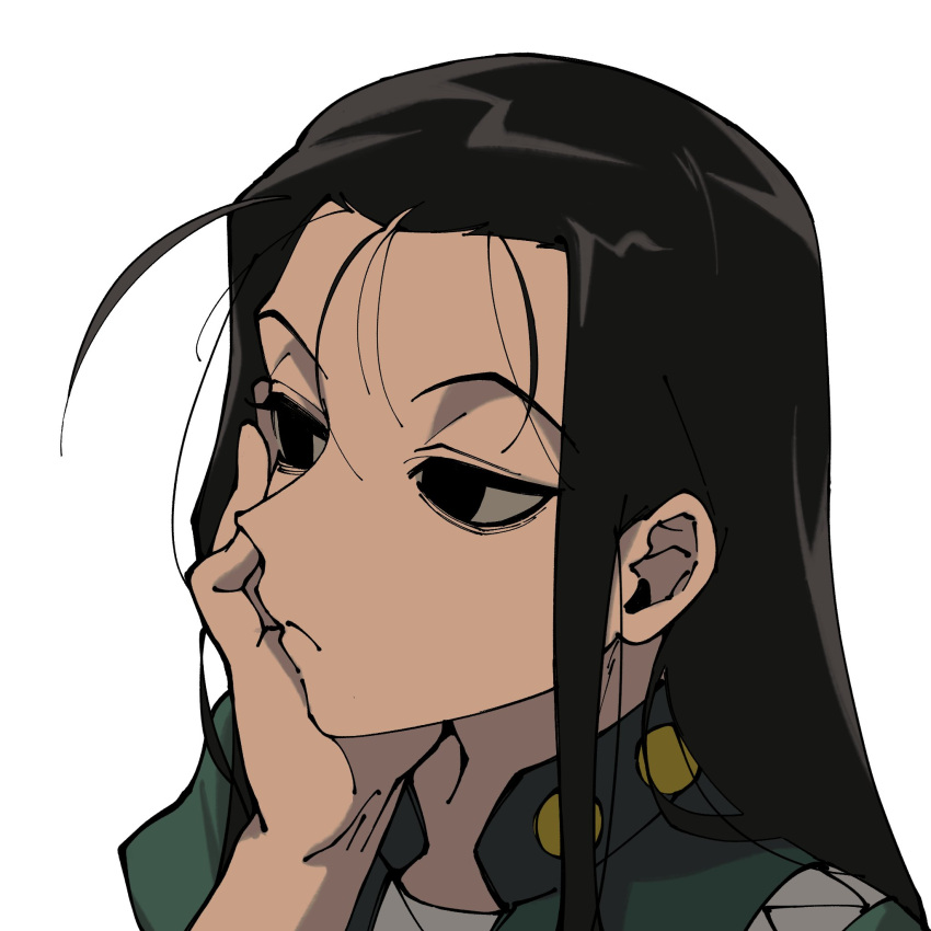 1boy black_eyes black_hair commentary_request hand_on_own_face highres hunter_x_hunter illumi_zoldyck long_hair male_focus nazo_meat simple_background solo upper_body white_background