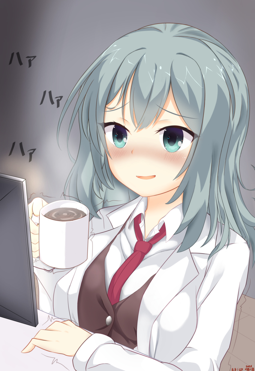1girl absurdres aqua_eyes arm_on_table aroused blush breasts brown_vest coffee coffee_mug commentary_request computer cup double-parted_bangs dress_shirt eyelashes furrowed_brow grey_background hair_between_eyes hand_up heavy_breathing highres hitomi13 holding holding_cup lab_coat large_breasts long_hair mug naughty_face necktie nose_blush open_mouth partial_commentary red_necktie riddle_joker shikibe_mayu shirt signature simple_background smile solo sound_effects trembling tsurime upper_body vest white_shirt