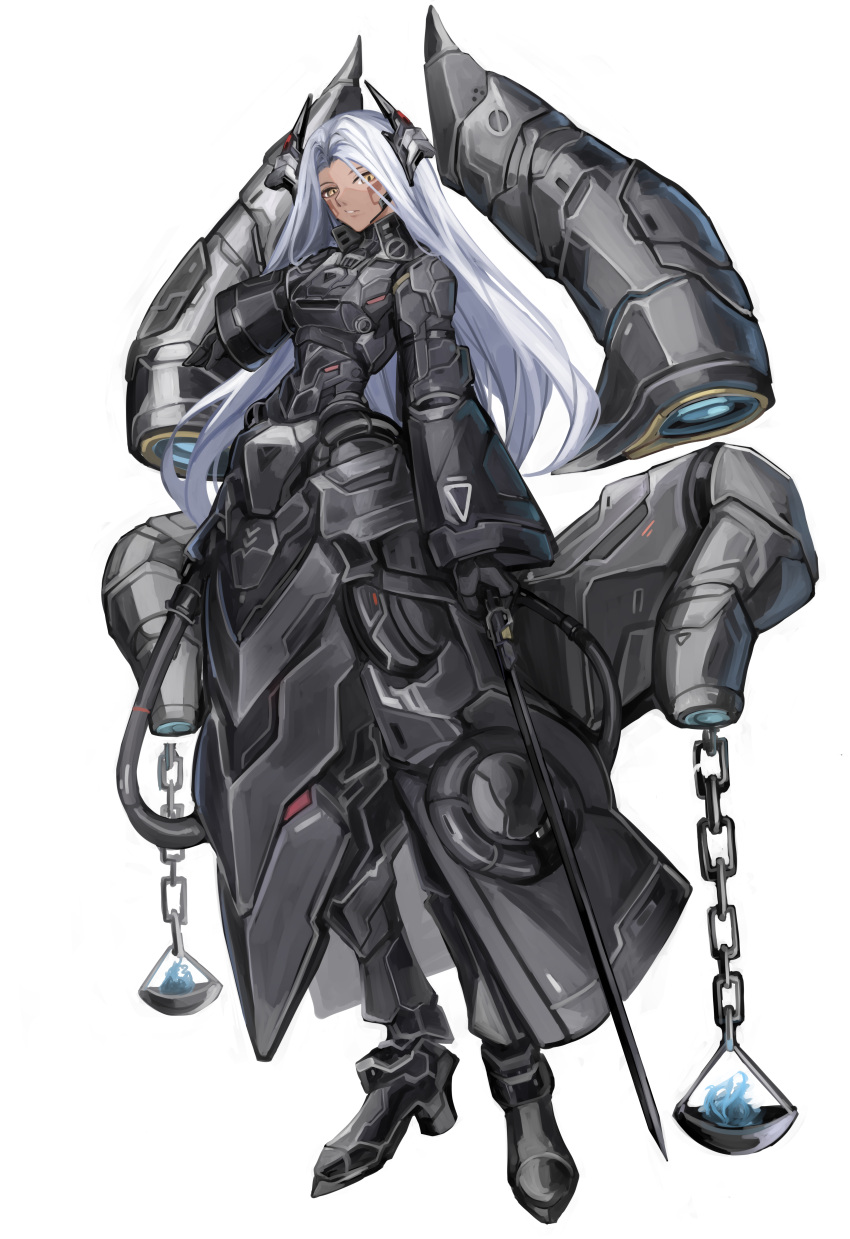 1girl absurdres aokuma_(yuuran_create) blue_fire commentary_request fire floating floating_object full_body highres holding holding_sword holding_weapon long_hair looking_at_viewer original power_armor solo standing sword weapon weighing_scale white_background white_hair yellow_eyes