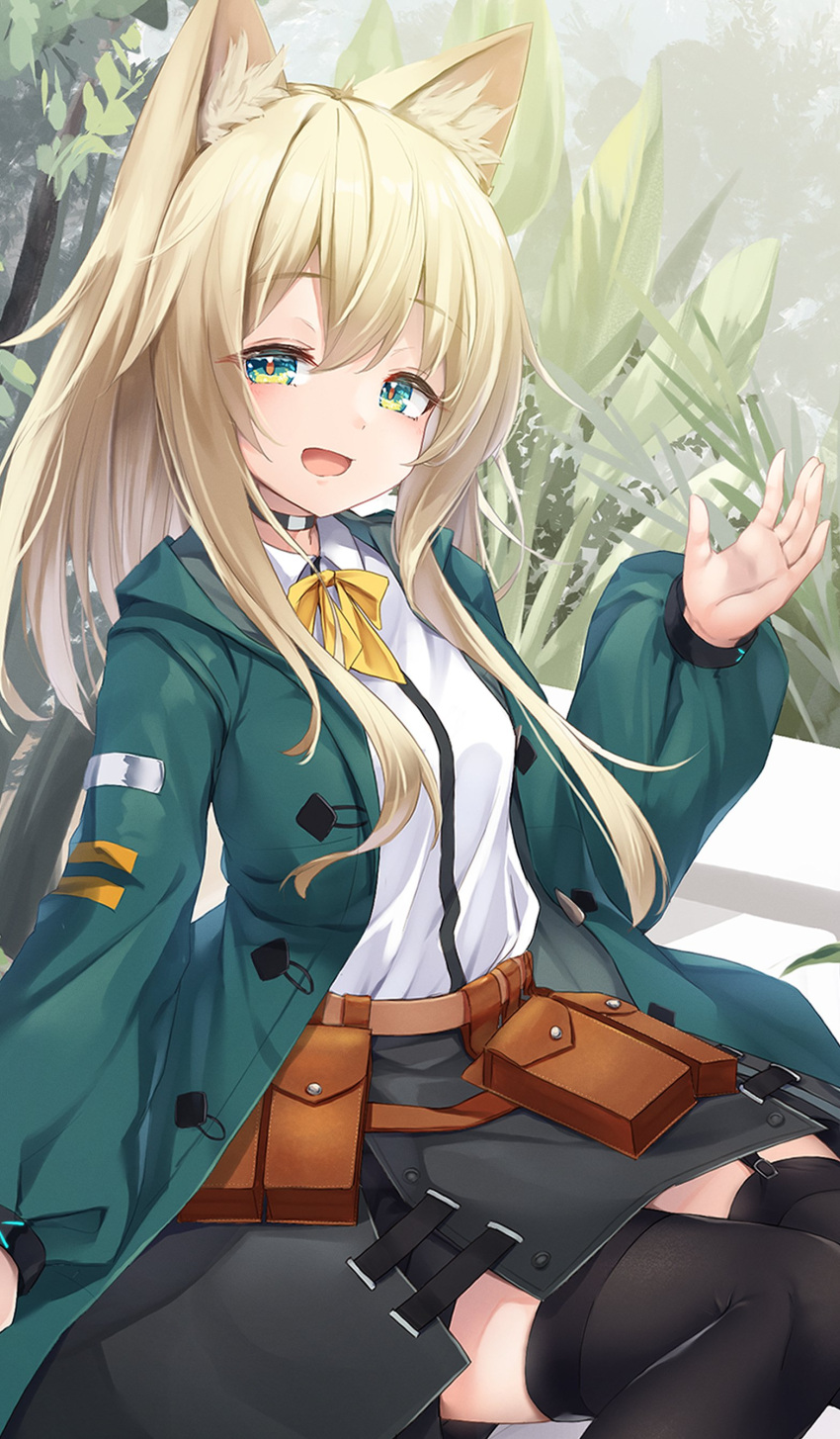 1girl :d absurdres animal_ear_fluff animal_ears arknights belt belt_pouch black_choker black_skirt black_thighhighs blonde_hair choker coat dog_ears garter_straps green_coat green_eyes highres long_hair long_sleeves looking_at_viewer neck_ribbon open_clothes open_coat open_mouth plant podenco_(arknights) pouch ribbon shirt sitting skirt smile solo thigh-highs white_shirt yellow_ribbon yuki_kawachi
