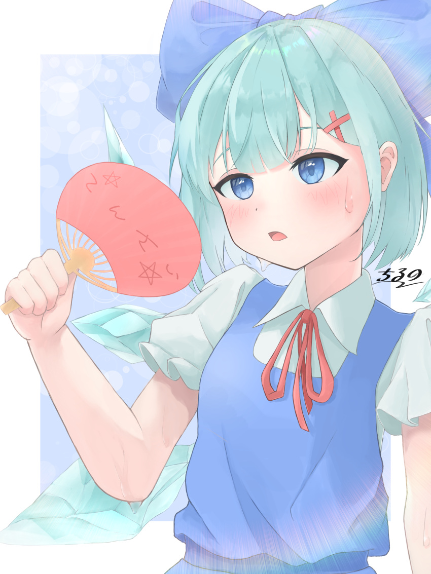 1girl absurdres aqua_hair blue_bow blue_dress blue_eyes bow breasts cirno commentary_request dress eyebrows_hidden_by_hair hair_bow hair_ornament hand_fan highres holding holding_fan hot ice ice_wings medium_hair paper_fan signature small_breasts solo suwa_(au_swap) sweat touhou uchiwa wings x_hair_ornament