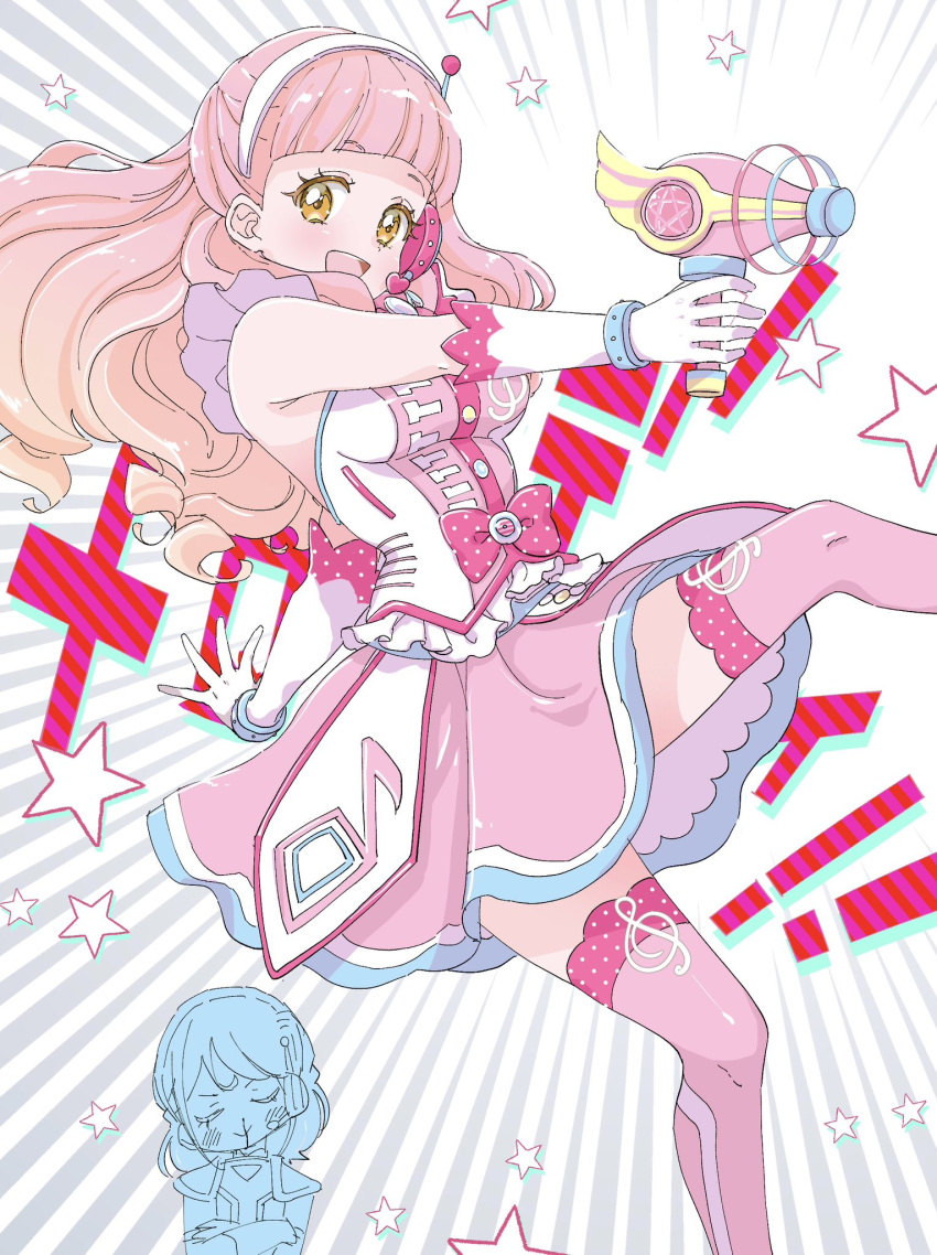 aikatsu!_(series) aikatsu_friends! bare_shoulders blood blunt_bangs bow bracelet breasts closed_eyes curly_hair dress emphasis_lines frills gloves gradient_hair gun headphones highres holding holding_gun holding_weapon jewelry leg_up looking_at_viewer medium_breasts minato_mio multicolored_hair nosebleed open_mouth pink_bow pink_dress pink_hair pink_thighhighs simple_background smile star_(symbol) thigh-highs weapon white_gloves yellow_eyes yoiisand yuuki_aine zettai_ryouiki