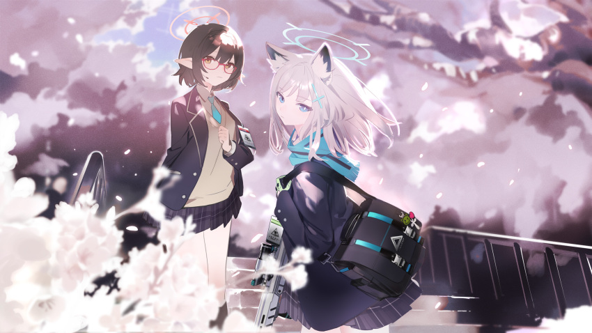 2girls animal_ear_fluff animal_ears ayane_(blue_archive) bag black_hair black_jacket black_skirt blue_archive blue_eyes blue_halo blue_necktie blue_scarf brown_eyes cherry_blossoms closed_mouth collared_shirt cross_hair_ornament dururrurur glasses gloves green_gloves grey_hair gun hair_between_eyes hair_ornament halo highres jacket medium_hair mismatched_pupils multiple_girls necktie open_clothes open_jacket plaid plaid_skirt pleated_skirt pointy_ears red-framed_eyewear red_halo scarf shiroko_(blue_archive) shirt short_hair skirt weapon white_shirt wolf_ears