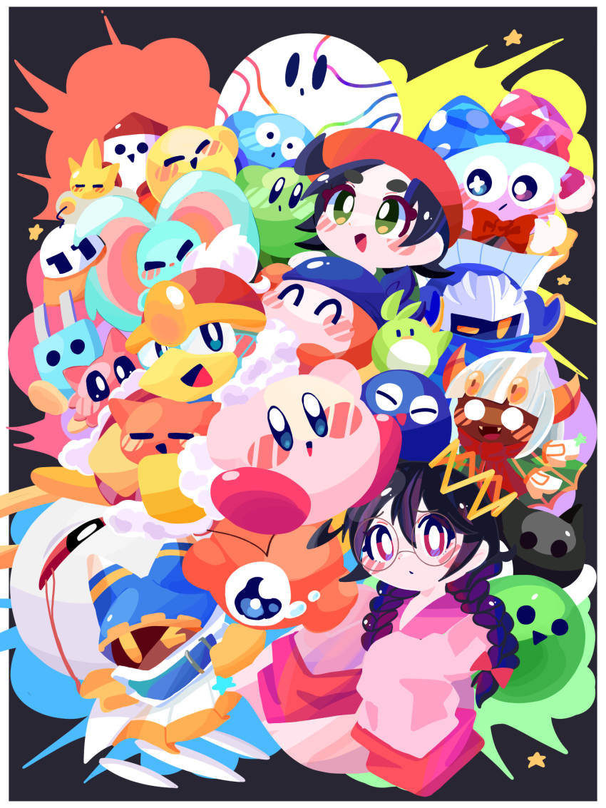 2girls 6+boys 6+others :d ^_^ adeleine armor bandana bandana_waddle_dee beret black_background black_hair blank_eyes blood blood_from_eyes blue_bandana blue_cape blue_eyes blue_headwear blunt_bangs blush blush_stickers border bow bowtie braid bright_pupils cape closed_eyes colored_sclera commentary_request crown crying elfilin explosion fur_trim glasses gooey_(kirby) green_eyes hair_between_eyes hair_bow halo hat hataraku_ufo highres horns jester_cap jobski king_dedede kirby kirby_(series) long_hair looking_at_viewer magolor marx_(kirby) mask meta_knight multicolored_clothes multicolored_headwear n-z omame_sakana one-eyed one_eye_closed open_mouth orange_horns parted_bangs pauldrons pitch_(kirby) plugg_(kirby) raised_eyebrows red_bow red_bowtie red_eyes red_headwear red_scarf red_sclera ripple_star_queen rocket round_eyewear scarf scarfy short_hair shoulder_armor simple_background skud_(kirby) sleeves_past_wrists smile solid_circle_eyes star_(symbol) taranza tears triangle_mouth twin_braids ufo very_long_sleeves void_soul waddle_doo whiskers_(kirby) white_border white_hair white_pupils yellow_eyes zebon zero_two_(kirby) zoos_(kirby)