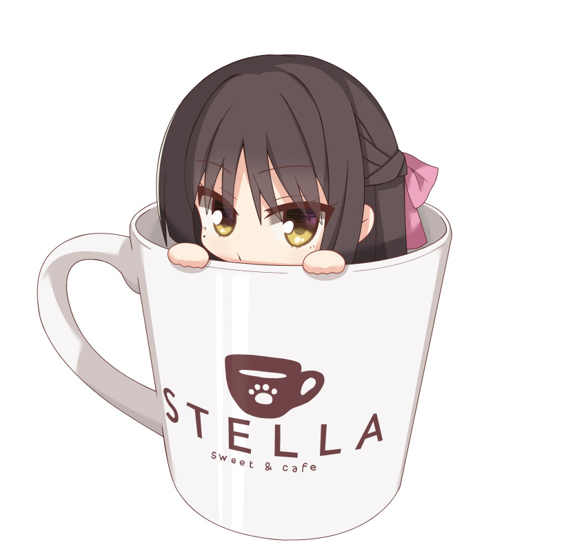 1girl absurdres black_hair bow cafe_stella_to_shinigami_no_chou chibi coffee_mug commentary_request cup eyelashes eyes_visible_through_hair hair_between_eyes hair_bow half_updo highres kaon_zz long_hair looking_at_viewer mole mole_under_eye mug paw_print peeking_out pink_bow shiki_natsume solo transparent_background yellow_eyes