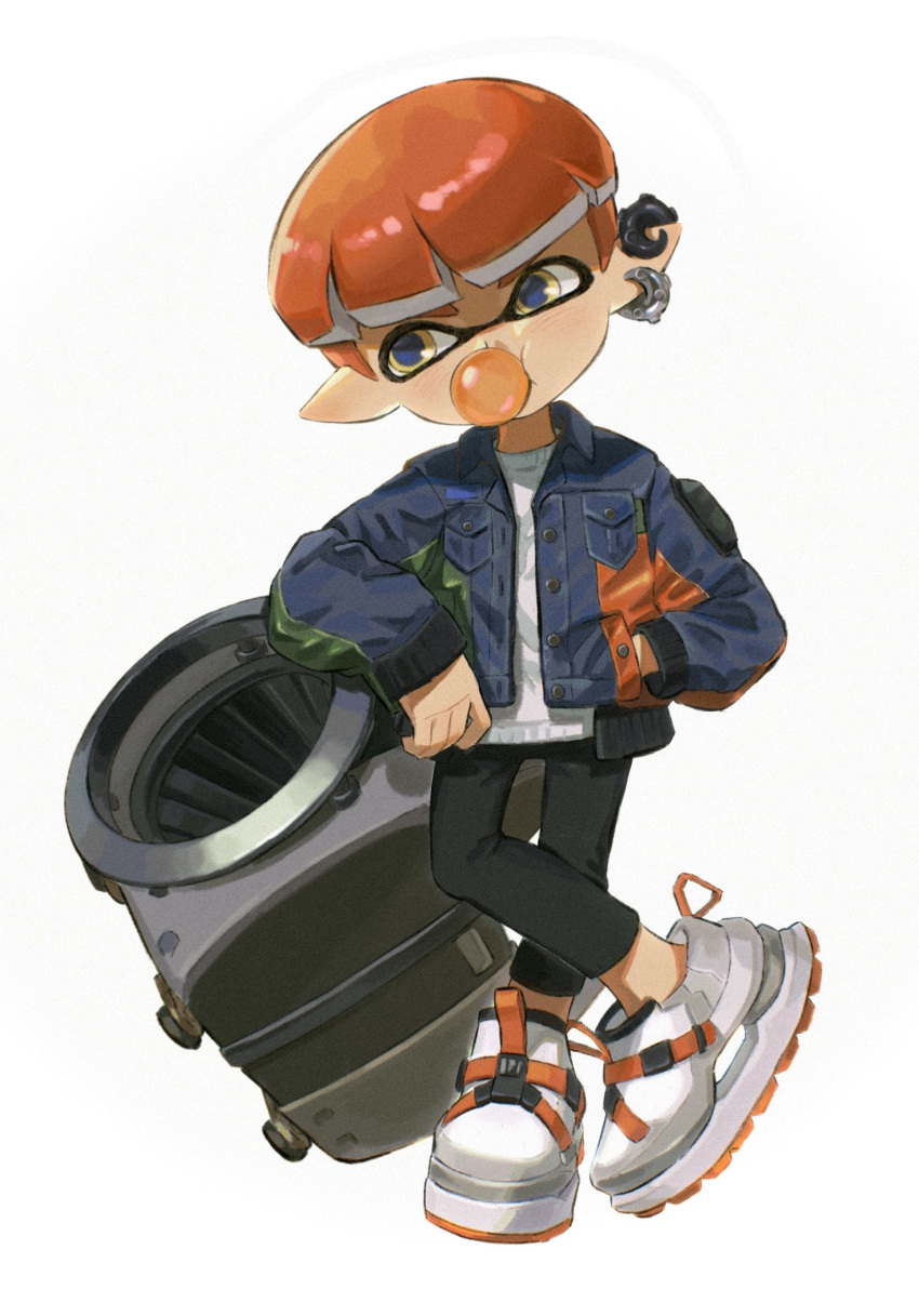1boy black_pants blue_jacket bowl_cut breast_pocket bubble_blowing chewing_gum commentary earrings hand_in_pocket highres humanlynn inkling inkling_boy jacket jewelry leaning_on_weapon looking_to_the_side male_focus orange_hair pants pocket pointy_ears shirt shoes simple_background sloshing_machine_(splatoon) sneakers splatoon_(series) splatoon_3 white_background white_footwear white_shirt yellow_eyes