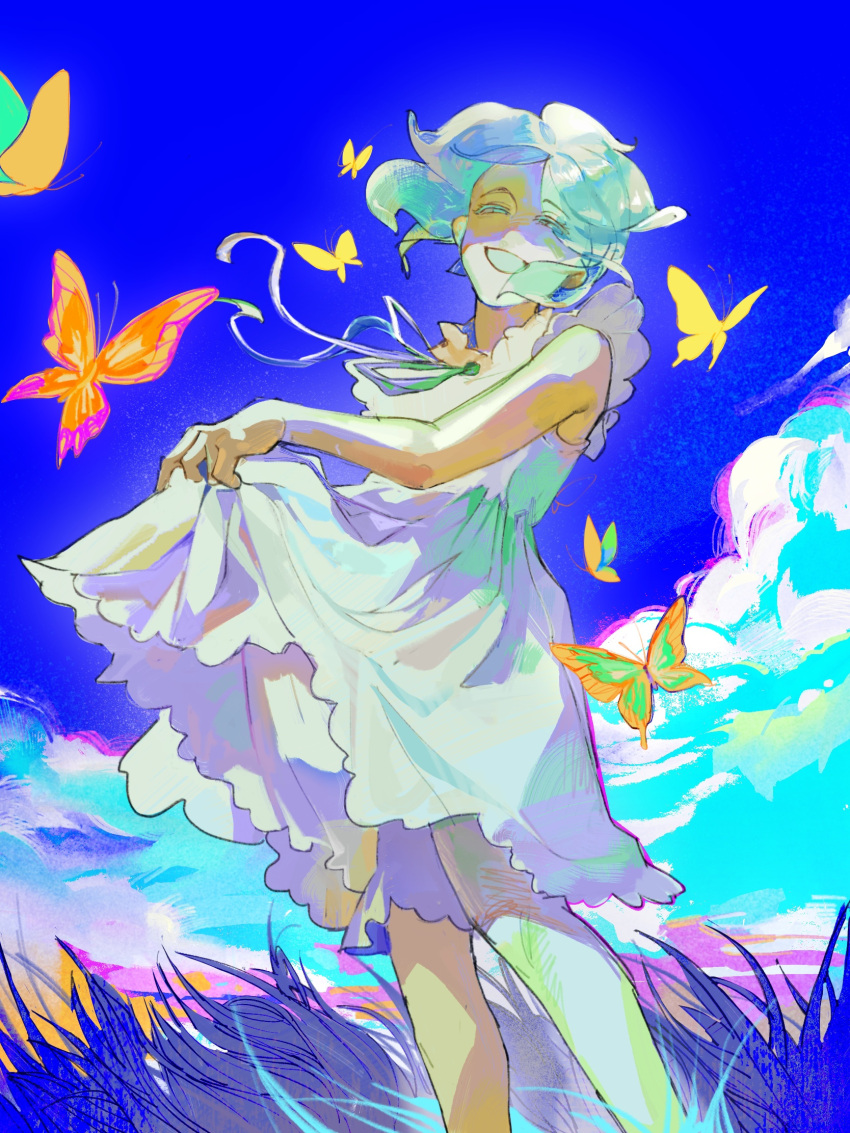 1other androgynous aqua_eyes aqua_hair blue_background blue_sky bug butterfly colored_eyelashes colored_mouth crystal_hair dress field glint glowing glowing_hair grass half-closed_eyes highres houseki_no_kuni looking_at_viewer on_grass open_mouth other_focus parted_bangs phosphophyllite portrait shirt short_hair sky smile solo sparkle teeth translucent translucent_hair white_dress white_shirt wind xiaoxiaoguguzi