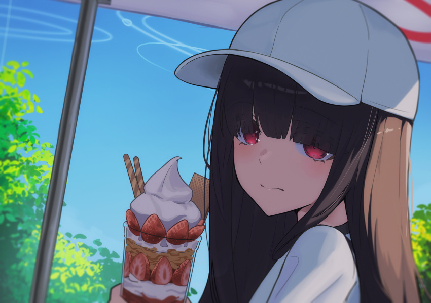 1girl absurdres black_hair blue_archive blush buffering548 closed_mouth day eyes_visible_through_hair food fruit hair_over_eyes halo hat highres justice_task_force_member_(blue_archive) long_hair outdoors parfait red_halo redhead shirt solo strawberry white_headwear white_shirt