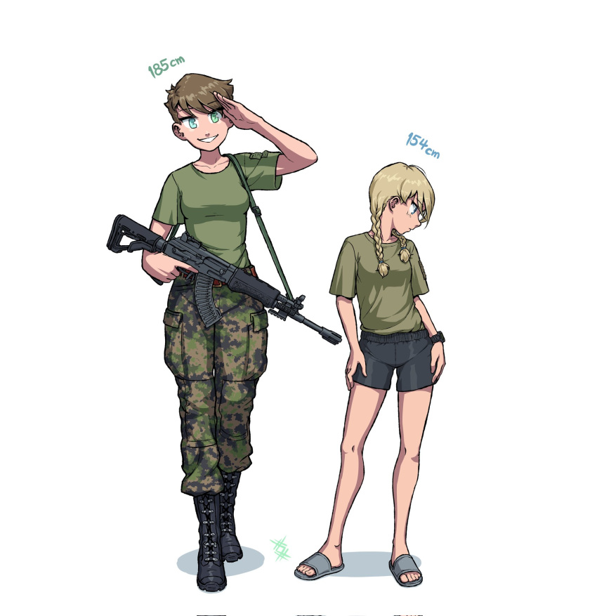 2girls aqua_eyes artist_logo assault_rifle black_footwear black_shorts boots braid brown_hair camouflage camouflage_pants full_body green_shirt gun height height_difference highres holding holding_weapon long_hair looking_at_viewer lyyti_aanismaa military_uniform multiple_girls neea_takarautio original ostwindprojekt pants rifle salute sandals seno_lepo shadow shirt shirt_tucked_in short_hair shorts simple_background twin_braids uniform walking watch watch weapon white_background