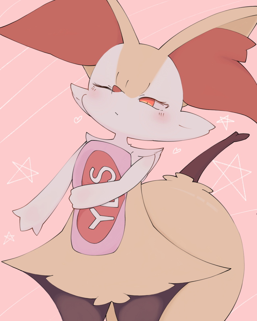 1girl animal_ear_fluff animal_ears animal_nose black_fur blush body_fur braixen closed_mouth commentary_request cowboy_shot english_text fox_ears fox_girl fox_tail half-closed_eye heart highres holding holding_pillow multicolored_fur neck_fur one_eye_closed pillow pink_background pokemon pokemon_(creature) red_eyes sakuyan_(sakuyan1007) snout solo standing star_(symbol) stick tail white_fur yellow_fur yes yes-no_pillow