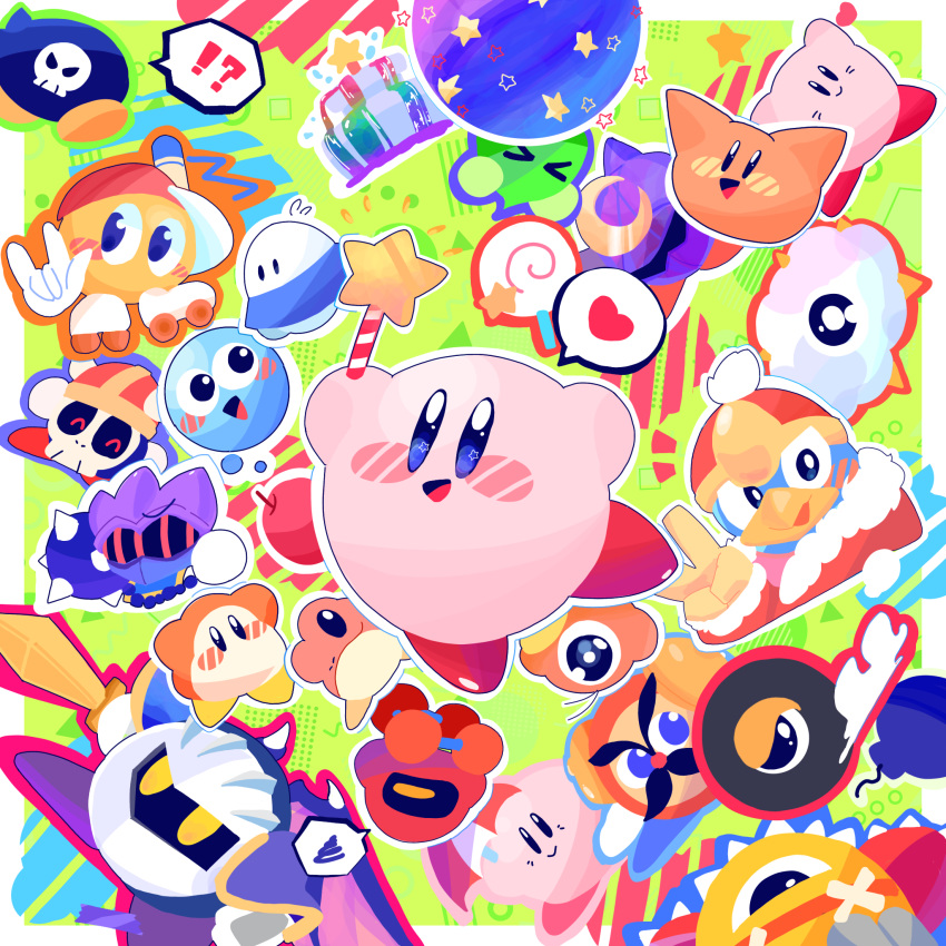 !? &gt;_&lt; ? \n/ ^_^ apple armor arms_up axe_knight_(kirby) ball_and_chain_(weapon) bandaid baseball_cap blue_eyes blue_outline blush blush_stickers bomb bomber_(kirby) border bubbles_(kirby) candy closed_eyes clouds commentary_request crescent crossed_bandaids explosive flail flying_sweatdrops food fountain fountain_of_dreams frog fruit green_background hairband hat heart heavy_mole helmet highres holding holding_sword holding_umbrella holding_weapon invincible_candy javelin_knight king_dedede kirby's_adventure kirby_(series) kracko lollipop looking_at_viewer mace_knight mask meta_knight mr._tick_tock no_humans notice_lines omame_sakana one-eyed open_mouth orange_outline outline outside_border paint_roller_(kirby) pauldrons pink_outline purple_outline red_hairband red_headwear red_outline roller_skates scarfy shoulder_armor simple_background skates skull slippy_(kirby) smile smoke sparky_(kirby) speech_bubble spiked_ball_and_chain spikes spoken_heart spoken_question_mark spoken_squiggle squiggle star_(symbol) star_in_eye star_rod swirl_lollipop sword symbol_in_eye triangle trident_knight ufo ufo_(kirby) umbrella v v-shaped_eyebrows waddle_dee waddle_doo weapon wheelie_(kirby) white_border white_outline wings yellow_eyes