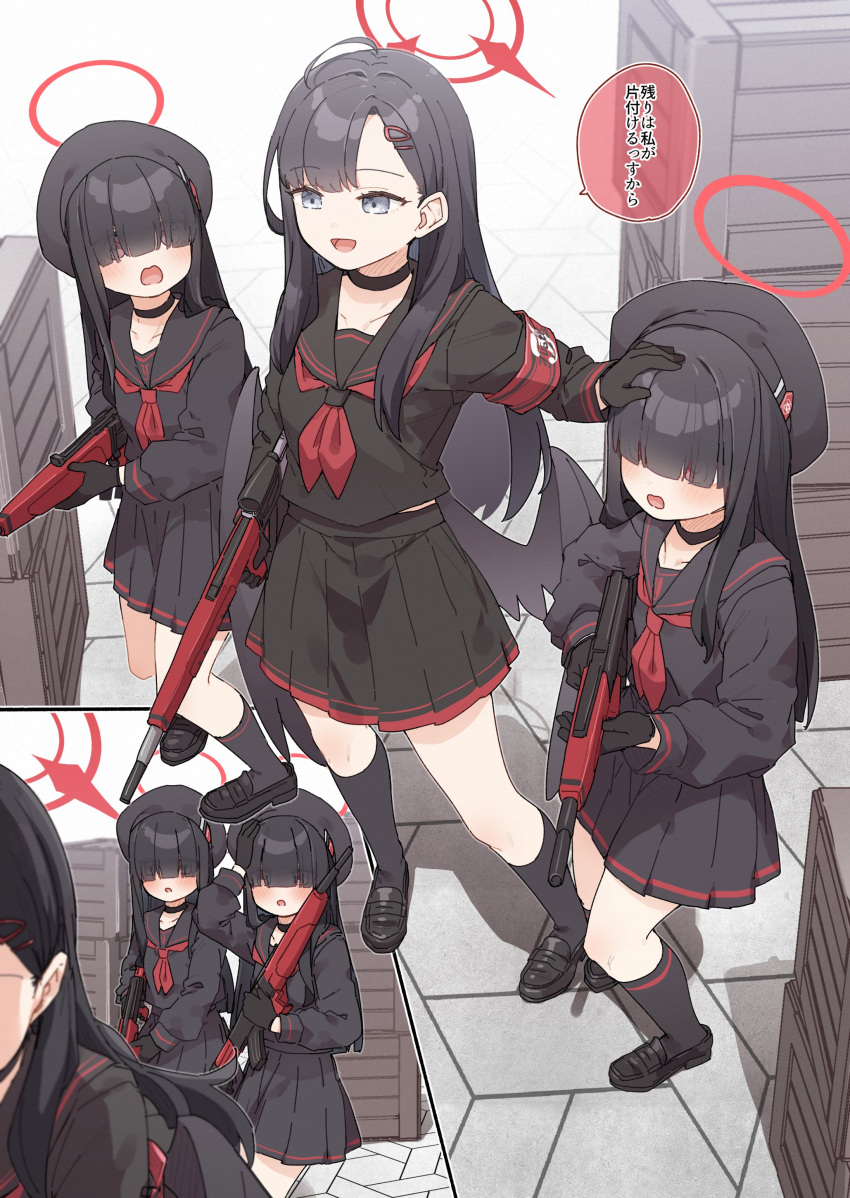 3girls :o absurdres ahoge armband assault_rifle black_choker black_footwear black_gloves black_hair black_headwear black_sailor_collar black_serafuku black_shirt black_skirt black_socks black_wings blue_archive blue_eyes blush choker commentary_request full_body gloves gun hair_ornament hair_over_eyes hairclip halo hand_on_own_head hat headpat highres holding holding_weapon ichika_(blue_archive) justice_task_force_member_(blue_archive) legs long_hair long_sleeves looking_ahead low_wings multiple_girls neckerchief open_mouth pleated_skirt red_armband red_eyes red_neckerchief rifle sailor_collar school_uniform serafuku shirt sidelocks skirt smile socks speech_bubble standing stone_floor surprised thighs translation_request weapon white_background wings wooden_box yukie_(kusaka_shi)