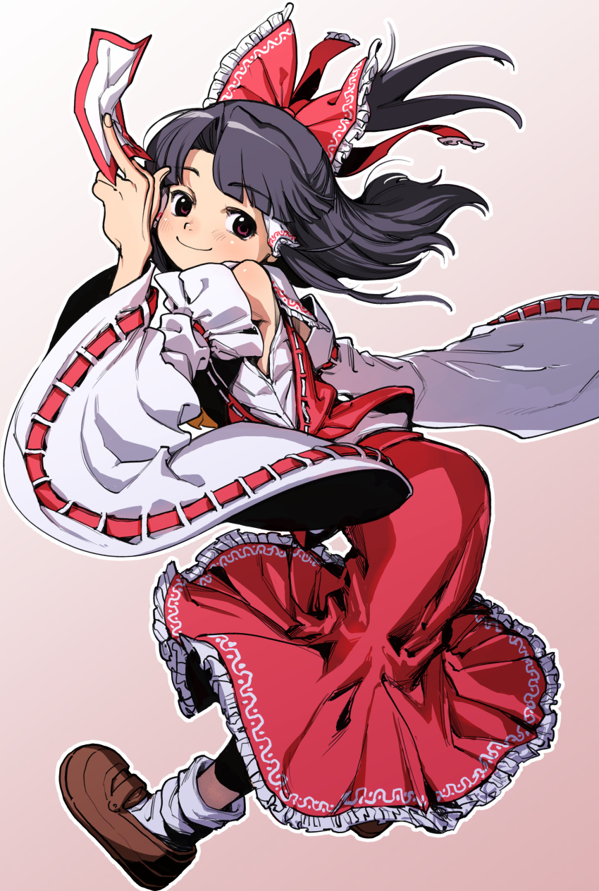 1girl absurdres adapted_costume bare_shoulders black_hair bow brown_footwear closed_mouth commentary_request detached_sleeves frilled_bow frilled_skirt frills from_side full_body hair_bow hair_tubes hakurei_reimu half_updo hand_up highres holding long_hair long_sleeves looking_at_viewer looking_to_the_side nontraditional_miko ofuda outline parted_bangs red_bow red_ribbon red_skirt red_vest ribbon ribbon-trimmed_sleeves ribbon-trimmed_vest ribbon_trim shirt shoes sidelocks simple_background skirt skirt_set sleeveless sleeveless_shirt smile socks solo temp_(pixiv_60398327) touhou vest white_outline white_ribbon white_shirt white_sleeves white_socks wide_sleeves